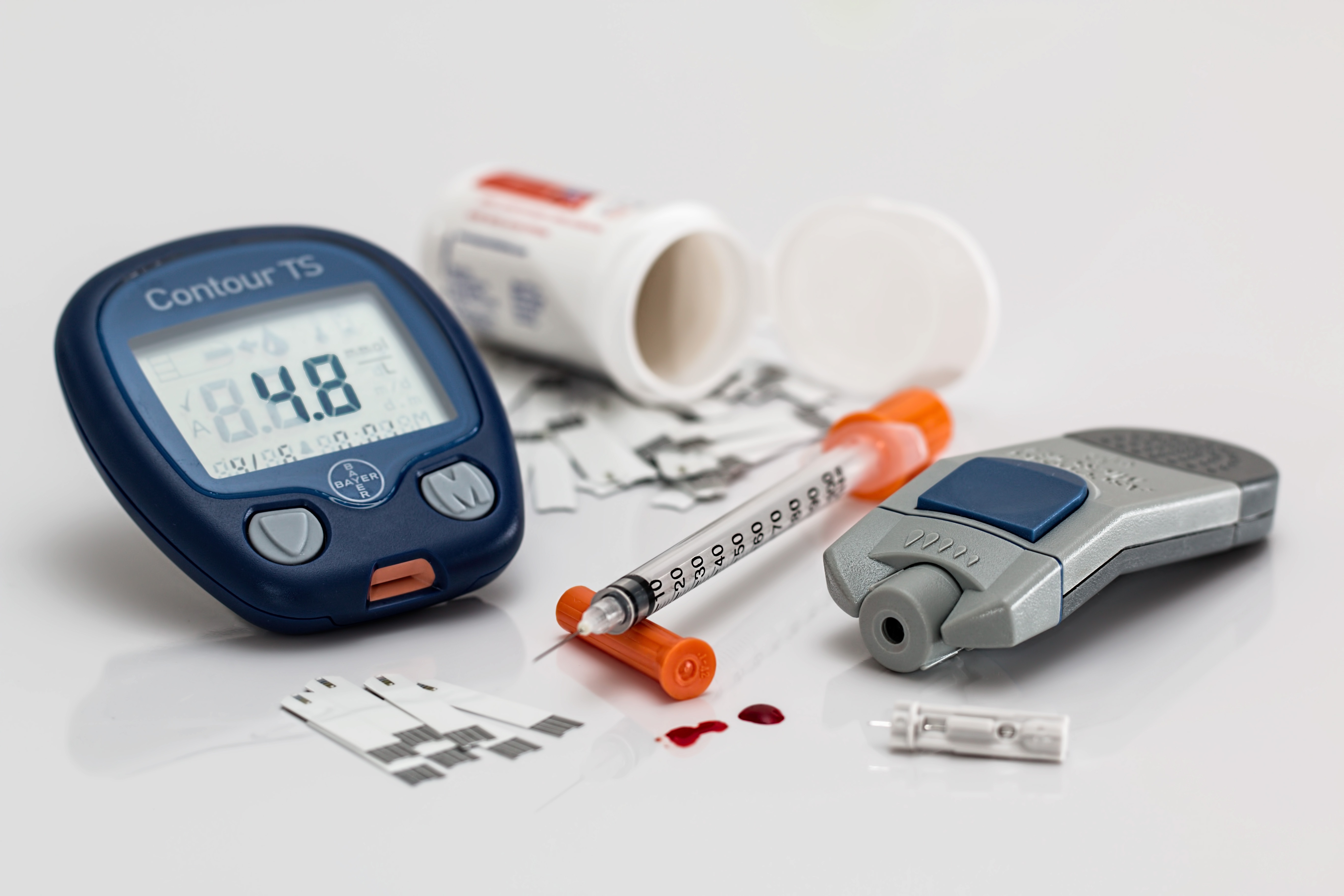 Blood sugar meter and supplies for managing diabetes.