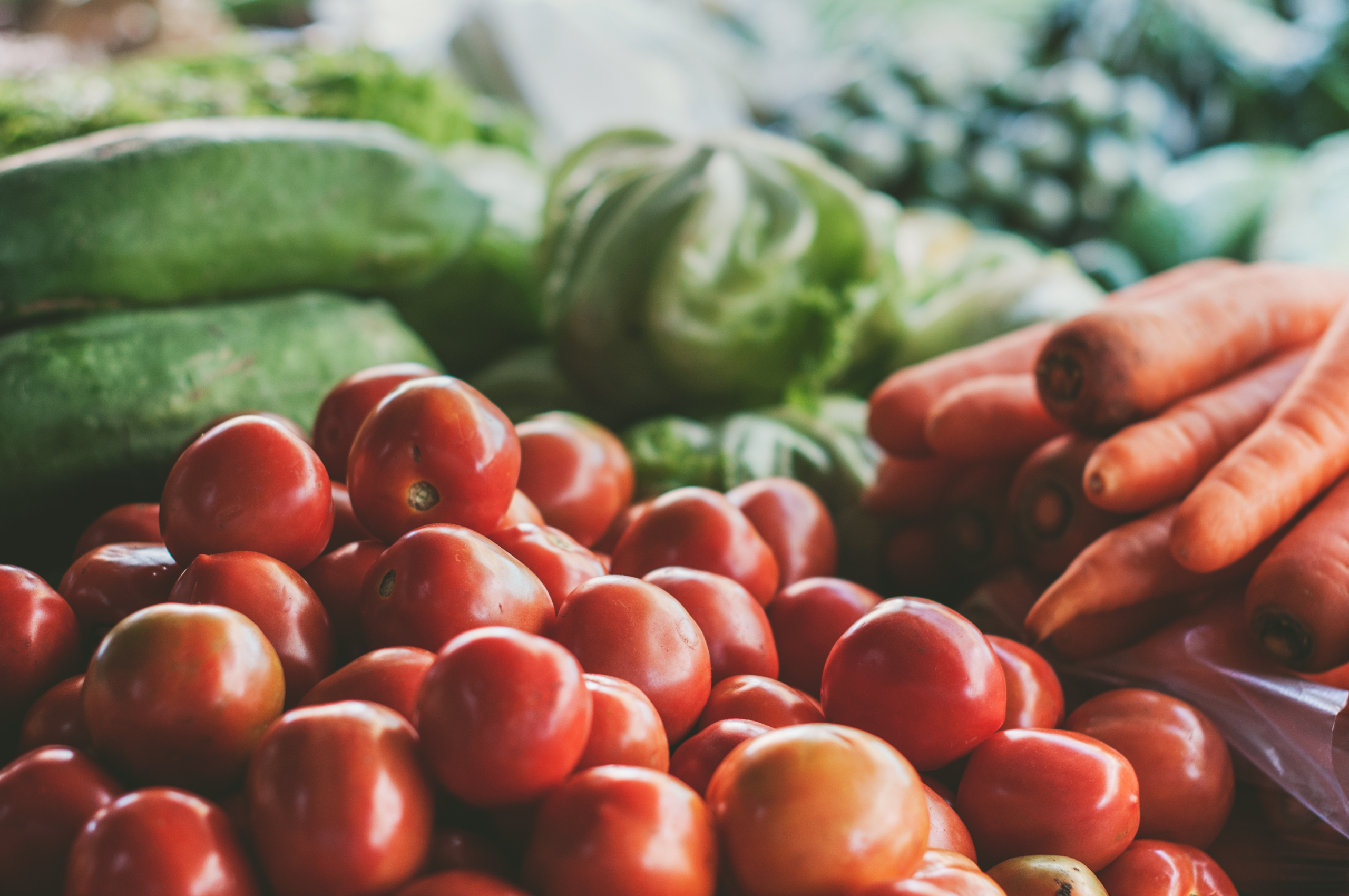 Cucumbers, tomatoes, and carrots.